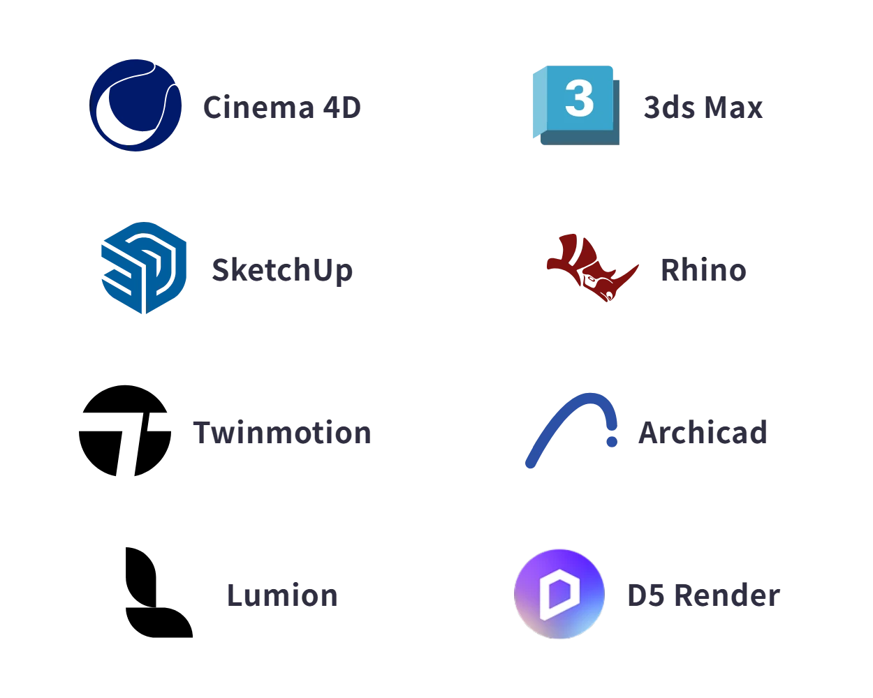 建築3DCGで使われる主なソフト。Cinema 4D・3ds Max・SketchUp・Rhino・Twinmotion・Archicad・Lumion・D5 Render