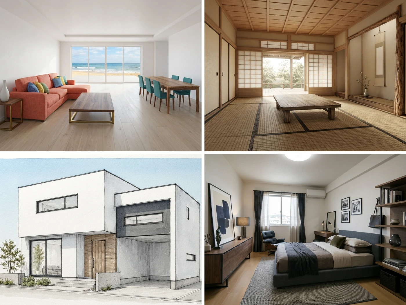 ArchiXで生成したパース。海の見えるLDK、和室、水彩調の住宅の外観、家具を置いた寝室