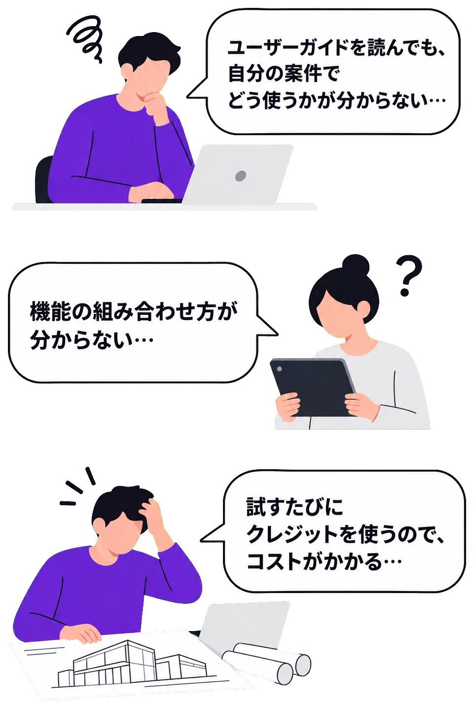 ユーザーガイドを読んでも、自分の案件でどう使うかが分からない…。機能の組み合わせ方が分からない…。試すたびにクレジットを使うので、コストがかかる…。