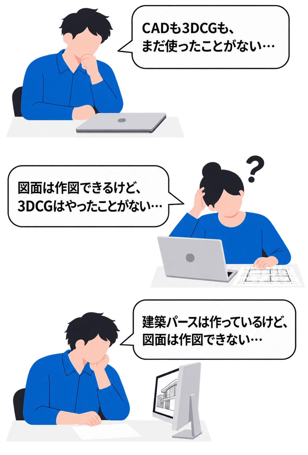 CADも3DCGも、まだ使ったことがない…。図面は作図できるけど、3DCGはやったことがない…。建築パースは作っているけど、図面は作図できない…。