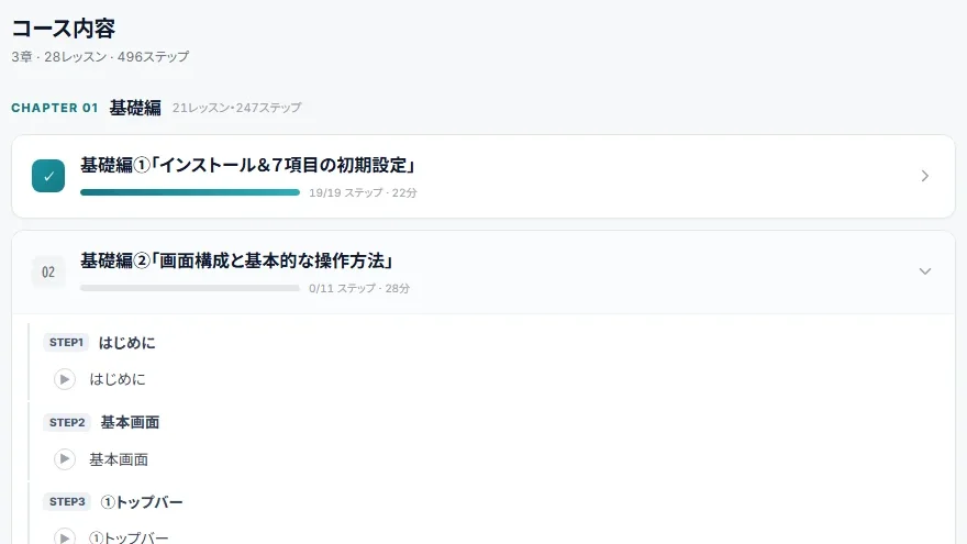 学習システムのコース内容。レッスンを開くと、ステップの一覧が出る
